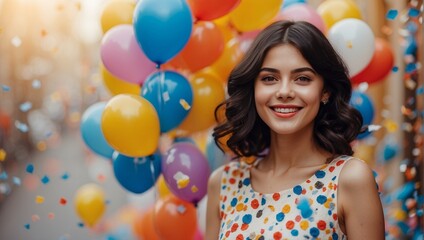 Fototapeta na wymiar Portrait of a beautiful young model woman with a fashionable hairstyle. A clear face and a colorful make-up. Stylish clothes. Bright background with balloons. The concept of celebration and fun.