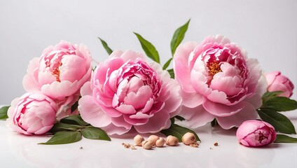 A beautiful composition of pink peonies. A natural bouquet of flowers. Floristry, flowers - peony. A bouquet of flowers on a white background. Flowers for postcard, greeting, wedding.