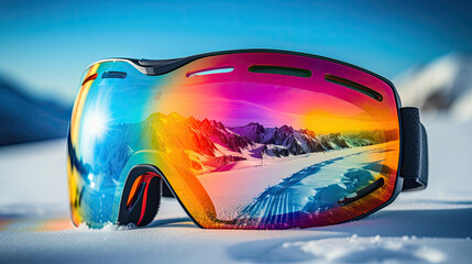Vibrant ski goggles on snowy background