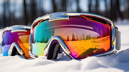 Reflective ski goggles in snow