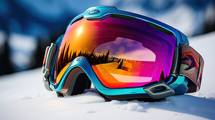 Ski goggles with snowy reflection