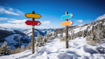 Colorful ski trail signs in snow