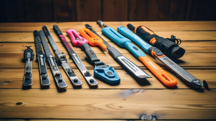 Ski waxing tools on workbench bright colors and designs well-defined