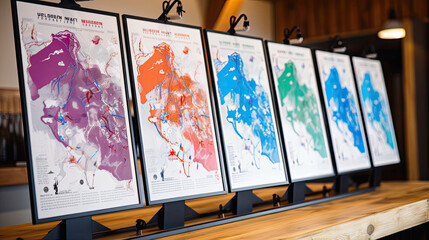 Ski trail maps in vibrant colors on wooden board