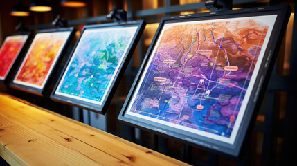 Vibrant ski trail maps displayed on wooden board - obrazy, fototapety, plakaty