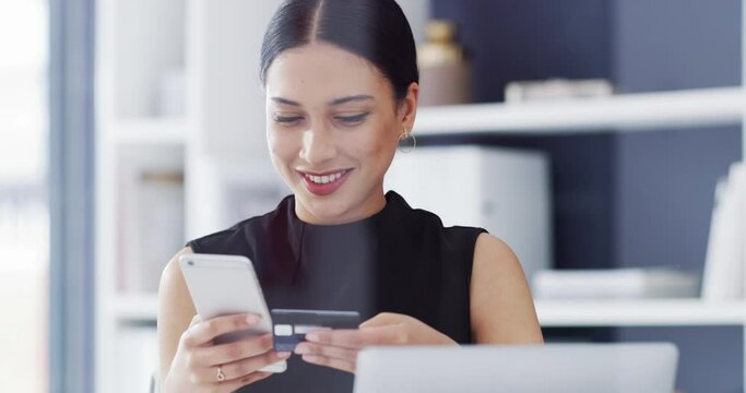 Happy woman, phone and credit card for payment, online shopping or banking at office. Female person or business employee smile on mobile smartphone for bank app, ecommerce or transaction in purchase