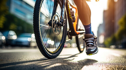 Close-up of cyclist's feet in colorful pedals on urban road