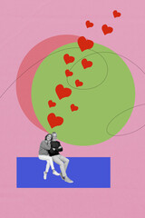 Composite collage image of funny old couple hugging sit hearts valentine day dating concept weird...