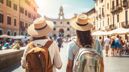 Fun, friends, travel and tourism concept. Beautiful young women seeing the sights in an European city. Two female friends tourists wearing hats and backpacks travel around Europe. Trip, vacation