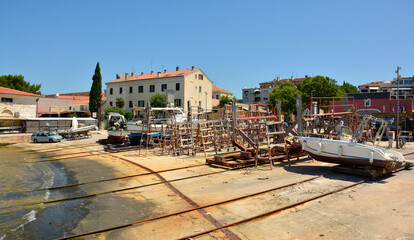 A boat yard just outside the historic centre of Rovinj old town in Istria, Croatia