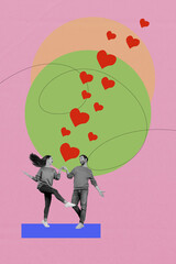 Composite collage image of funny young couple dancing hold hands valentine day dating concept weird...