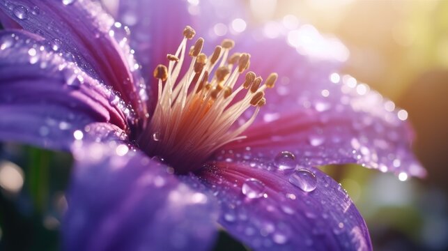 Morning dew on vibrant purple flower with sun flare. Nature and beauty.