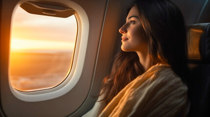 Beautiful young woman looking out of window with amazing sunset in airplane. Passenger enjoying amazing landscape through airplane window. Business class tickets flight, comfort travel, vacation