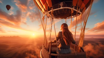 Foto op Canvas Woman enjoying view from hot air balloon during flight over beautiful landscape at sunset. Themes adventure, freedom and travel. Dreams come true, happiness, success concept © Dina Photo Stories