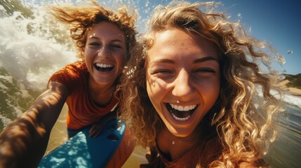Fototapeta premium two happy curly-haired teenage friends riding a surfboard, taking a selfie together on the waves against the blue sky, two different kids leading a healthy active lifestyle, High quality photo