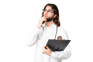 Young handsome man over isolated chroma key background wearing a doctor gown and holding a folder