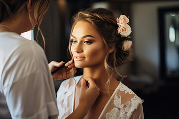 Beautiful bride getting makeup done at the makeup salon - obrazy, fototapety, plakaty