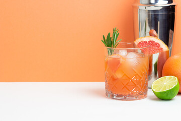 Paloma cocktail with grapefruit, lime and rosemary. Grapefruit juice. Alcohol. Tequila.