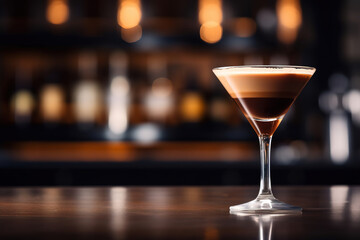 close up of a glass of esspresso martini with blurred Bartender and bar in the back with empty copy space	
