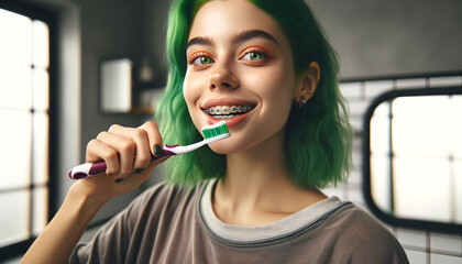 Teenage girl with green hair and green eyes. A girl brushes her teeth with braces with a toothbrush. - obrazy, fototapety, plakaty