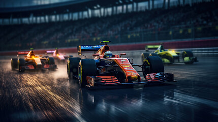Formula 1 Cars Racing in a Professional Racetrack Blurry Background - obrazy, fototapety, plakaty