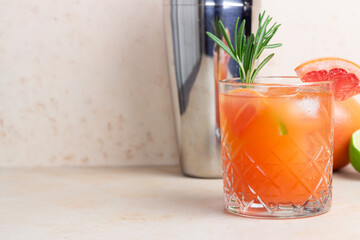 Paloma cocktail with grapefruit, lime and rosemary. Grapefruit juice. Alcohol. Tequila.