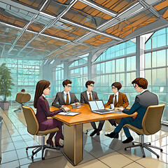 Team Meeting with employees and executives in the office, business, laptop