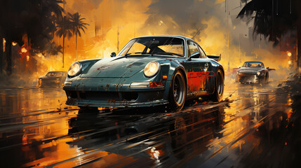 Palette Knife Oil Painting of Colorful Retro Sport Car in Racing Environment Background
