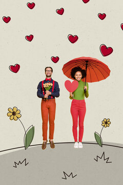 Composite collage picture image of funny couple dating gifts meeting heart valentine day dating concept weird freak bizarre unusual fantasy