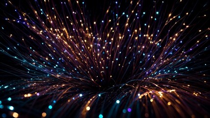 Beautiful thin strands of fiber optics illuminate an abstract black background. Generative AI.