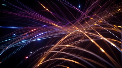 Naklejka premium Beautiful thin strands of fiber optics illuminate an abstract black background. Generative AI.