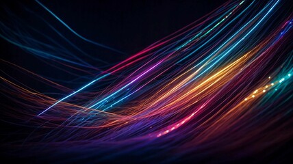 Beautiful thin strands of fiber optics illuminate an abstract black background. Generative AI.