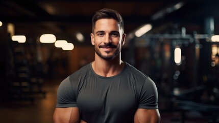Charming, confident and attractive fitness man trainer in fitness outfit over gym background with copy space, banner