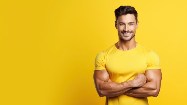 Charming, confident and attractive fitness man trainer in fitness outfit over vivid solid background with copy space, banner