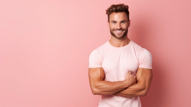 Charming, confident and attractive fitness man trainer in fitness outfit over pastel background with copy space, banner