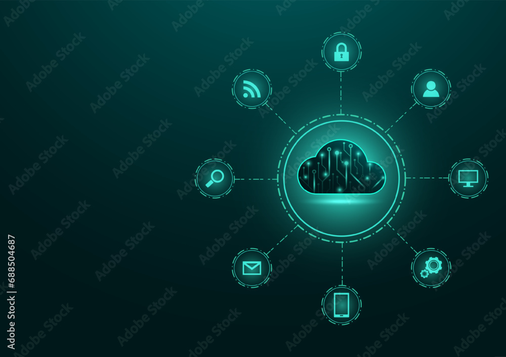 Poster Abstract Cloud computing and online storage technology background. A network of a business computer connects a database and a cloud.  information, technology and network concept. Vector illustration.
