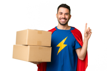 Super Hero delivery caucasian man over isolated chroma key background showing and lifting a finger in sign of the best