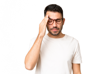 Young handsome caucasian man over isolated chroma key background with headache