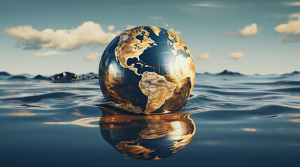 Golden hues bathe a reflective Earth, symbolizing hope over tranquil waters