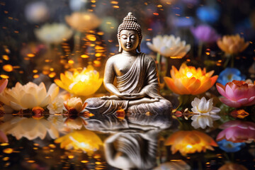 Glowing buddha statue mediating with colorful flowers around