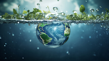 A pristine globe emerges from water, encapsulating the vitality of our planet - obrazy, fototapety, plakaty