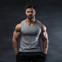 Fototapeta na wymiar Handsome muscular man in fitness outfit over gray background with copy space, banner