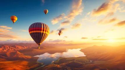  A group of hot air balloons flying over the amazing sea landscape at sunset. Wallpaper. Romantic view, tourism, adventure, dream concept © Dina Photo Stories
