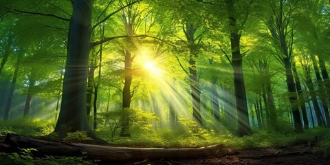 Fototapeta na wymiar Enchanted forest. Sunlight filtering through green foliage tree on misty morning. Sunny woodland haven. Beams of light illuminate lush
