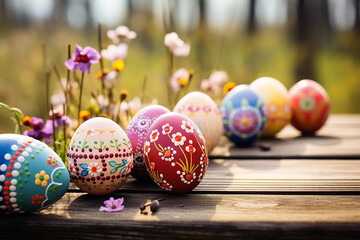 Colorful Easter Eggs Decorated with Flowers on Wooden Pathway in Vintage Style - Festive Spring Arrangement - Created with Generative AI Tools