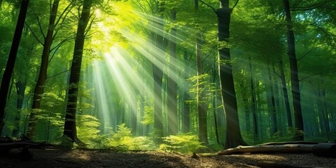 Enchanted forest. Sunlight filtering through green foliage tree on misty morning. Sunny woodland haven. Beams of light illuminate lush - Powered by Adobe