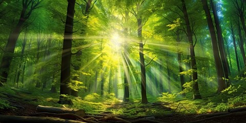 Enchanted forest. Sunlight filtering through green foliage tree on misty morning. Sunny woodland haven. Beams of light illuminate lush