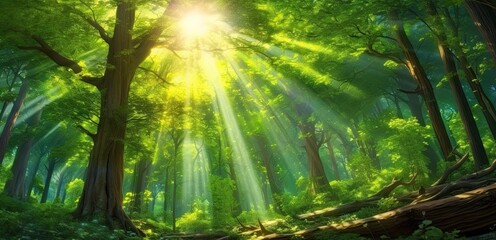 Fototapeta na wymiar Enchanted forest. Sunlight filtering through green foliage tree on misty morning. Sunny woodland haven. Beams of light illuminate lush