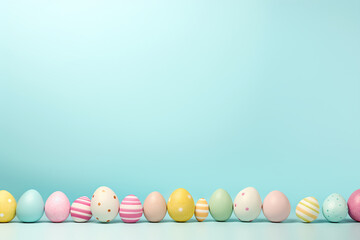 Fototapeta na wymiar Colorful Handmade Easter Eggs Side Border on Pastel Blue Paper Background - Festive Spring Arrangement - Created with Generative AI Tools