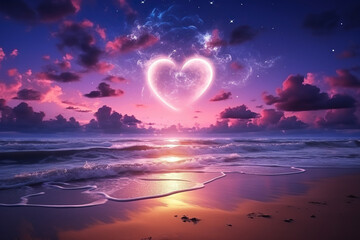 Pink heart in the sky over the sea. Romantic landscape. Generated by artificial intelligence